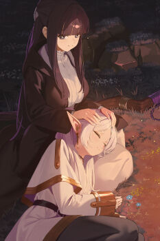 2girls belt black_belt black_cloak black_coat black_eyes black_hair black_pants black_pantyhose blunt_bangs blush breasts bright_pupils capelet cloak closed_eyes closed_mouth coat commentary dress earrings elf fern_(sousou_no_frieren) fieryonion frieren gold_trim grass grey_hair highres jewelry lap_pillow large_breasts long_hair long_pointy_ears long_sleeves looking_at_viewer lying mage_staff multiple_girls night on_side outdoors pants pantyhose pointy_ears purple_eyes purple_hair rock shirt skirt sleeping sleeves_past_wrists smile sousou_no_frieren staff straight_hair teardrop_earrings very_long_hair white_capelet white_dress white_pupils white_shirt white_skirt
