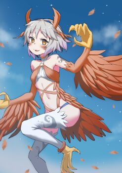 Rule 34 | 1girl, absurdres, bare shoulders, bird legs, bird tail, blush, breasts, bright pupils, claws, feathered wings, flying, grey hair, harpy, highres, horns, looking at viewer, monster girl, navel, open mouth, orange eyes, orange feathers, orange wings, original, short hair, small breasts, solo, tail, talons, thighhighs, tomiyama mishiro, white pupils, white thighhighs, winged arms, wings