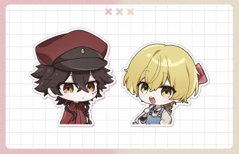 Rule 34 | blonde hair, blue overalls, brown eyes, brown hair, bungou stray dogs, chibi, cloak, closed mouth, cropped torso, cynitx, facial mark, freckles, hair between eyes, hashtag-only commentary, hat, hat on back, holding, holding road sign, jacket, looking at viewer, male focus, mark under eye, military hat, miyazawa kenji (bungou stray dogs), open mouth, overalls, red cloak, red hat, red jacket, road sign, shirt, short hair, sign, straw hat, suehiro tetchou (bungou stray dogs), x (symbol), yellow eyes