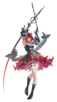 Rule 34 | 1girl, absurdres, arknights, arknights: endfield, bare shoulders, black dress, black gloves, black horns, boots, breasts, circles pen, cleavage, colored petticoat, demon girl, demon horns, detached sleeves, dress, full body, gloves, hair between eyes, hair intakes, high heel boots, high heels, highres, holding, holding sword, holding weapon, horns, huge weapon, laevatain (arknights), large breasts, looking at viewer, medium hair, petticoat, pigeon-toed, purple eyes, red eyes, red hair, sideless dress, simple background, solo, surtr (arknights), sword, thigh strap, weapon, white background