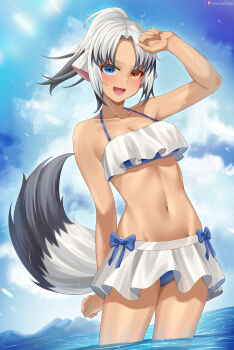 Rule 34 | 1girl, :d, absurdres, animal ears, arm up, bare arms, bare shoulders, bikini, bikini skirt, black hair, blue bikini, blue bow, blue eyes, blue sky, blush, bow, breasts, cleavage, cloud, collarbone, cowboy shot, dark-skinned female, dark skin, day, dog ears, dog girl, dog tail, grey hair, heterochromia, highres, looking at viewer, lori hagami, medium breasts, multicolored hair, navel, ocean, open mouth, orange eyes, original, outdoors, parted bangs, partially submerged, ponytail, red eyes, skirt, sky, smile, solo, standing, stomach, swimsuit, tail, tan, two-tone hair, virtual youtuber, wading, water, wet, white bikini, white hair