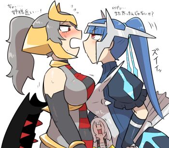 3girls akari_(pokemon) armor asymmetrical_docking blue_dress blue_hair blush breast_press breastplate breasts cartier_(kasugai_(de-tteiu)) commentary dialga dress elbow_gloves face_squeeze fake_horns gen_4_pokemon giratina gloves grey_hair horned_headwear horns kasugai_(de-tteiu) large_breasts legendary_pokemon maiden_(kasugai_(de-tteiu)) makhia_(kasugai_(de-tteiu)) multiple_girls nintendo personification pokemon ponytail red_eyes sleeveless sleeveless_dress striped_clothes striped_dress translated white_hair