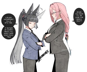 2girls alternate_costume animal_ears black_jacket blue_jacket closed_eyes commentary crossed_arms dailymiyanagi earrings english_commentary english_text formal_clothes fox_ears fox_girl hoshimi_miyabi implied_yuri jacket jewelry long_hair looking_at_another multiple_girls pink_hair ponytail simple_background speech_bubble suit tsukishiro_yanagi white_background zenless_zone_zero