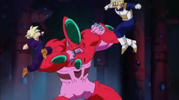 00s 4boys android angry animated animated_gif armor battle blonde_hair defeat destruction dragon_ball dragonball_z fight full_armor hatchiyack injury machine male_focus multiple_boys muscular pain punching remake son_gohan son_goku super_saiyan trunks_(dragon_ball) vegeta violence