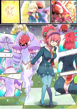 1boy 2girls blonde_hair blue_dress blue_pantyhose body_switch breasts commentary_request dress drill_hair em_wave_change_(mega_man) geo_stelar_(mega_man) highres icarus_(2010741) long_hair luna_platz_(mega_man) mega_man_(series) mega_man_star_force_(series) mouth_veil multiple_girls ophiuca_(mega_man) pantyhose personality_switch ponytail queen_ophiuca_(mega_man) red_eyes red_hair star_force_mega_man twin_drills veil