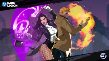 1boy 1girl black_hair black_jacket black_leotard blonde_hair blue_eyes breasts collared_shirt constantine_(series) dc:_dark_legion dc_comics facial_hair fishnet_pantyhose fishnets gloves hat highres jacket john_constantine large_breasts leotard long_hair looking_at_viewer magic magician magician&#039;s_wand official_art pantyhose shirt short_hair smile top_hat white_gloves white_shirt zatanna_zatara