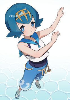 1girl absurdres blue_eyes blue_hair blue_shorts bright_pupils closed_mouth commentary_request dancing freckles from_above full_body furukawa_raku highres lana_(pokemon) looking_at_viewer nintendo pokemon pokemon_sm sandals short_hair shorts smile solo standing wading white_pupils