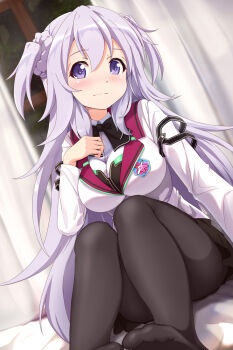 Rule 34 | 1girl, ahoge, artist request, bed, black bow, black pantyhose, blush, bow, bowtie, bra, braid, breasts, day, female focus, gakusen toshi asterisk, hair between eyes, indoors, jewelry, large breasts, long hair, long sleeves, looking at viewer, on bed, pantyhose, pleated skirt, purple bra, purple eyes, purple hair, school uniform, sitting, skirt, solo, toudou kirin, two side up, underwear, very long hair