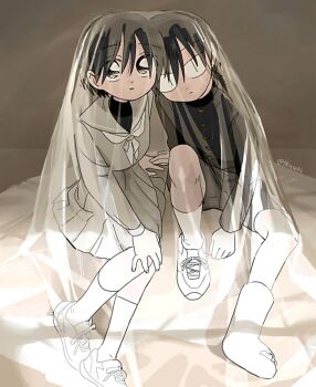 1boy 1girl black_hair cast commentary_request couple expressionless gakuran looking_at_viewer original school_uniform serafuku shoes short_hair sitting skirt sneakers takanashi_atashi veil