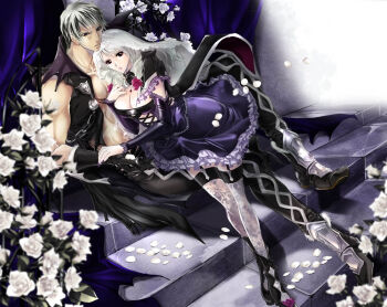 Rule 34 | 1boy, 1girl, black gloves, black hair, breasts, cleavage, coco (eccentricrouge), dress, drill hair, flower, garter straps, gloves, gothic lolita, hood, lace, lace legwear, lolita fashion, looking at viewer, multicolored hair, nail polish, patterned legwear, purple nails, rose, soul calibur, soulcalibur, soulcalibur v, thighhighs, vest, viola (soulcalibur), white flower, white hair, white rose, zwei (soulcalibur)