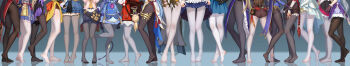 6+girls absurdres amber_(genshin_impact) ayaka_(genshin_impact) backpack bag barbara_(genshin_impact) beidou_(genshin_impact) black_gloves black_pantyhose blue_dress blue_shorts brown_gloves brown_shorts cameltoe clothes_lift crossed_legs diona_(genshin_impact) dress dress_lift facing_another facing_away facing_to_the_side facing_viewer feet fingerless_gloves fischl_(genshin_impact) ganyu_(genshin_impact) garter_straps genshin_impact gloves grey_legwear hand_on_another&#039;s_hip highres holding_another&#039;s_arm holding_hands hong_bai jacket jean_(genshin_impact) keqing_(genshin_impact) klee_(genshin_impact) legs lifting_own_clothes lisa_(genshin_impact) long_image lower_body lumine_(genshin_impact) mona_(genshin_impact) multiple_girls nail_polish ningguang_(genshin_impact) no_shoes noelle_(genshin_impact) pantyhose pink_shirt pouch purple_dress qiqi_(genshin_impact) red_gloves red_jacket shirt shorts simple_background soles sucrose_(genshin_impact) take_your_pick tassel thighhighs tiptoes white_dress white_gloves white_legwear white_shirt wide_image xiangling_(genshin_impact) xinyan_(genshin_impact)