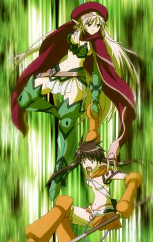 2girls absurdres alleyne_(queen's_blade) animal armor beret blonde_hair blue_eyes breasts brown_hair elf gradient_background hat highres monkey multiple_girls nowa_(queen's_blade) pointy_ears queen's_blade stitched third-party_edit