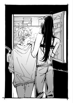 2girls absurdres bare_arms bite_mark bite_mark_on_thigh blush bra coffee_mug commentary cup earrings greyscale height_difference hickey highres jewelry long_hair medium_hair monochrome mouth_hold mug multiple_girls original pants refrigerator szm_hattori01 twitter_username underwear wolf_cut yuri