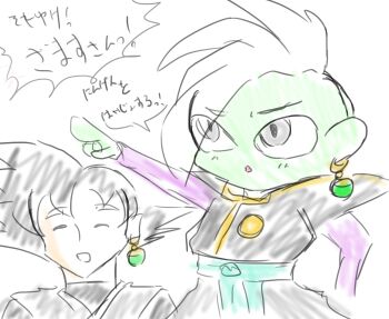 2boys black_bodysuit black_hair blue_sash bodysuit chibi colored_skin dougi dragon_ball dragon_ball_super earrings goku_black green_skin grey_eyes highres jewelry long_sleeves looking_ahead mohawk multiple_boys pointing pointy_ears potara_earrings purple_shirt rakoyaki saiyan sash shirt short_hair spiked_hair white_hair zamasu