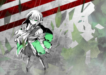 1girl arm_warmers commentary_request fingernails full_body green_eyes green_theme hair_between_eyes half_updo hazuki_kasane highres looking_at_viewer mizuhashi_parsee off_shoulder pointy_ears rain ripples scarf shirt shoes short_hair short_sleeves skirt sleeveless sleeveless_shirt socks solo spell_card touhou