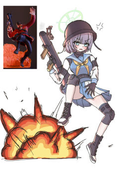 1girl anger_vein ayo5108 black_gloves black_panties blue_archive blue_serafuku blue_shirt blue_skirt cosplay full_body gloves halo helmet highres holding holding_rocket_launcher holding_weapon knee_pads open_mouth panties red_soldier_(tf2) rocket_launcher saki_(blue_archive) school_uniform serafuku shirt short_hair simple_background skirt soldier_(tf2) soldier_(tf2)_(cosplay) solo team_fortress_2 underwear weapon white_background