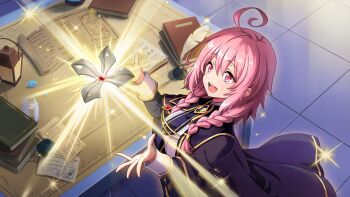 Rule 34 | 1girl, :d, ahoge, blue capelet, blue jacket, blue necktie, book, book stack, braid, capelet, collared shirt, double-parted bangs, game cg, hair between eyes, hands up, highres, indoors, inkwell, jacket, kage no jitsuryokusha ni naritakute!, kage no jitsuryokusha ni naritakute! master of garden, lamp, long hair, long sleeves, looking at object, low twin braids, midgar academy school uniform, necktie, non-web source, open book, open hands, open mouth, paper, pink eyes, pink hair, school uniform, scroll, sherry barnett, shirt, short necktie, smile, solo, table, teeth, tile floor, tiles, twin braids, twintails, upper teeth only, white shirt, wrist cuffs