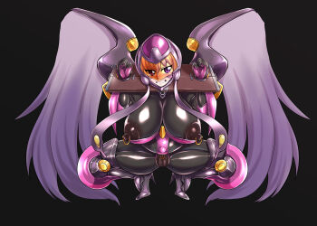 1girl akihabara_dennou_gumi armored_bodysuit assault_visor black_bodysuit bodysuit breasts clenched_teeth erinys_(akihabara_dennou_gumi) feathered_wings helmet high_heels impossible_bodysuit impossible_clothes impossible_leotard inflation leotard naniwadou nipple_piercing ootorii_tsubame piercing pillory pregnant skin_tight solo spread_legs squatting teeth visor_(armor) wings