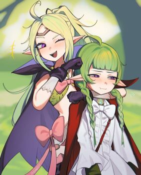 2girls ahoge arm_around_neck blush bow braid braided_twintails cape circlet commentary commission dress english_commentary fang fire_emblem fire_emblem_awakening frilled_dress frills gloves green_hair highres jewelry memeh mother_and_daughter multiple_girls nah_(fire_emblem) nintendo noogie nowi_(fire_emblem) one_eye_closed pendant pink_bow pointy_ears ponytail pout purple_eyes purple_gloves red_cape tiara twin_braids white_bow