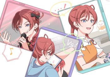...! 1girl :d :p apron blue_hoodie cellphone_photo closed_mouth collared_shirt commentary_request dress dress_shirt eighth_note grey_dress hair_bun half-closed_eyes handheld_game_console holding holding_handheld_game_console hood hood_down hoodie love_live! love_live!_superstar!! multiple_views musical_note nico_ron_nico open_mouth orange_apron pinafore_dress playing_games profile school_uniform shirt short_hair_with_long_locks short_sleeves single_side_bun sleeveless sleeveless_dress smile spoken_musical_note summer_uniform switch teeth tetris tongue tongue_out upper_teeth_only vs white_shirt yoneme_mei yuigao yuigaoka_school_uniform