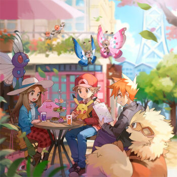 Rule 34 | 1girl, 2boys, :t, alternate costume, arcanine, bird, blue oak, blurry, boots, brown hair, butterfree, chair, commentary request, crossed legs, day, depth of field, ditto, eating, falling leaves, fletchling, gen 1 pokemon, gen 6 pokemon, hair flaps, hat, huan li, leaf, leaf (pokemon), long hair, multiple boys, nintendo, outdoors, pants, pikachu, plaid clothes, plaid skirt, pokemon, pokemon (creature), pokemon frlg, purple pants, red (pokemon), red headwear, red skirt, shoes, sidelocks, sitting, skirt, sun hat, table, tree, vivillon
