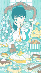 Rule 34 | 1girl, absurdres, chocolate, cup, flower, food, fruit, hand on own face, highres, holding, holding teapot, lemon, lemon slice, long hair, looking at viewer, macaron, original, sitting, solo, sugar cube, sweets, tea, teacup, teapot, white flower, yoshimon