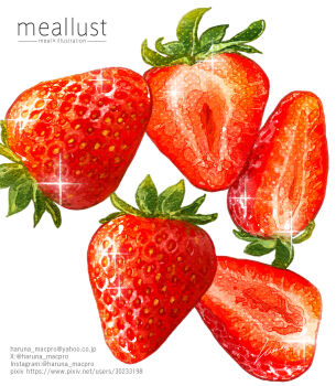 Rule 34 | artist name, commentary request, food, food focus, fruit, haruna macpro, highres, instagram username, no humans, original, pixiv username, sparkle, still life, strawberry, twitter username, white background