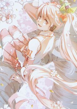 Rule 34 | 1girl, :d, absurdres, arm tattoo, cherry blossoms, cherry hair ornament, detached sleeves, flower, food-themed hair ornament, hair flower, hair ornament, hatsune miku, highres, ice morinaka, in tree, long hair, long sleeves, lower teeth only, miniskirt, number tattoo, open mouth, outstretched arm, petals, pink hair, pink skirt, pink sleeves, pink thighhighs, pleated skirt, red eyes, sakura miku, shirt, sitting, sitting in tree, skirt, smile, solo, tattoo, teeth, thighhighs, tree, twintails, very long hair, vocaloid, white shirt, zettai ryouiki