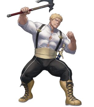 1boy attack axe blonde_hair fire_emblem fire_emblem:_three_houses fire_emblem_heroes garreg_mach_monastery_uniform giant highres holding holding_axe muscular muscular_male nintendo non-web_source official_art raphael_kirsten solo v-shaped_eyebrows yellow_eyes