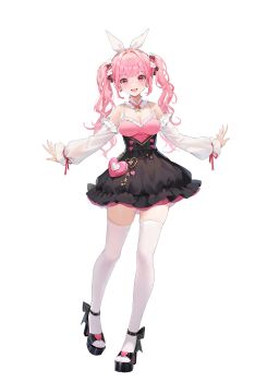 1girl :d absurdres animal_ear_hairband animal_ears ankle_bow ankle_ribbon ankle_strap artist_request black_dress black_shoes bow breasts chain cleavage detached_collar detached_sleeves dress earrings fake_animal_ears flower_hairtie full_body hairband heart heart-shaped_bag highres hoshimiya_kana jewelry large_breasts long_hair multicolored_dress official_art open_mouth pink_dress pink_eyes pink_hair poker_fate rabbit_ear_hairband rabbit_ears red_ribbon ribbon shoes sidelocks skindentation smile solo star_(symbol) star_earrings teeth thighhighs transparent_background twintails upper_teeth_only white_sleeves white_thighhighs zettai_ryouiki