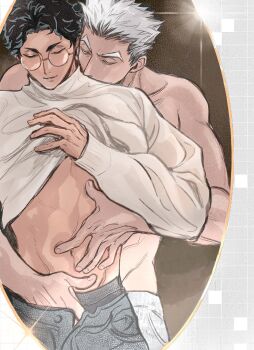 2boys akaashi_keiji black_hair black_male_underwear bokuto_koutarou closed_eyes closed_mouth glasses haikyuu!! hand_on_another&#039;s_stomach highres hug hug_from_behind koukiki9 lifting_own_clothes long_sleeves male_focus male_underwear multiple_boys open_fly open_pants pants round_eyewear short_hair topless_male underwear white_hair white_pants yaoi