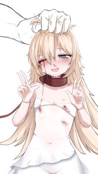 1girl absurdres belt_collar blonde_hair blood blood_on_clothes blood_on_face blue_eyes bride collar dress goddess_of_victory:_nikke grabbing_another&#039;s_hair guillotine_(nikke) handcuff_marks highres holding_another&#039;s_hair leash nosebleed ryona scar_on_wrist smile sweatdrop tears wedding_dress