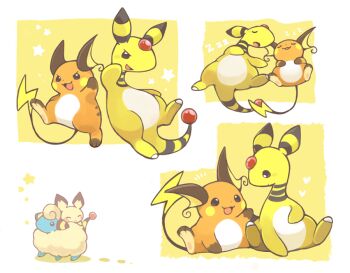 ampharos arm_up black_eyes commentary_request full_body gen_1_pokemon gen_2_pokemon heart konanbo lying mareep multiple_views nintendo no_humans on_back open_mouth pichu pokemon pokemon_(creature) raichu sitting star_(symbol) zzz