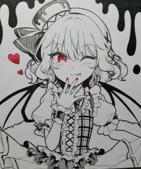 1girl ;p bat_wings beni_kurage commentary_request crumbs food-themed_hat frilled_shirt_collar frills greyscale heart highres looking_at_viewer monochrome one_eye_closed plaid_clothes plaid_shirt puffy_short_sleeves puffy_sleeves red_eyes red_nails remilia_scarlet shikishi shirt short_hair short_sleeves skirt solo spot_color tongue tongue_out touhou traditional_media upper_body wings wrist_cuffs