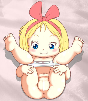 1girl anus bar_censor barefoot blonde_hair blue_eyes blush censored collarbone flat_chest gundam hair_ribbon hairband highres kikka_kitamoto komeno legs_up loli long_hair looking_at_viewer lying mobile_suit_gundam navel nude panties panty_pull pussy red_ribbon ribbon smile spread_legs underwear white_panties