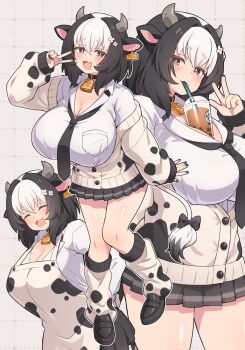animal_ears animal_print apron bell black_hair black_necktie blush breasts bright_pupils brown_eyes bubble_tea bubble_tea_challenge cardigan choker cleavage cow_ears cow_girl cow_horns cow_print cow_print_apron cow_print_jacket cowbell ear_tag flower_hairpin grey_background grid_background gyaru horns huge_breasts jacket kogal leg_warmers loafers miniskirt mole mole_under_mouth multicolored_hair multiple_views neck_bell necktie open_cardigan open_clothes open_mouth original print_apron print_jacket shirt shoes skirt sleeves_past_wrists smile two-tone_hair ug_(nekonekodou) v white_hair white_pupils white_shirt