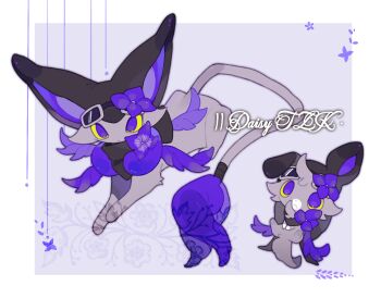 Rule 34 | alternate color, alternate shiny pokemon, animal ears, animal focus, animal hat, baby animal, black scarf, border, cat, chinese commentary, colored sclera, commentary request, commission, delcatty, espurr, flower, full body, gen 3 pokemon, gen 6 pokemon, goggles, goggles on headwear, grey fur, hat, kamier586, kitten, looking at viewer, nintendo, no humans, original, pokemon, pokemon (creature), pokemon focus, purple background, purple eyes, purple flower, scarf, simple background, watermark, white border, yellow sclera