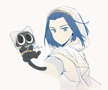 Rule 34 | 1boy, absurdres, animal, armlet, bare arms, belt, black cat, black eyes, blue eyes, blue hair, blue tongue, cat, chinese commentary, cloak, closed mouth, clothed animal, colored tongue, commentary request, cosplay, cropped torso, expressionless, forehead, ganweixiaoyu, hair through headwear, hairband, happy, highres, hood, hood up, hooded cloak, infinity nikki, jewelry, light frown, looking at viewer, luo xiaohei, luo xiaohei (cat), luo xiaohei zhanji, male focus, medium hair, momo (nikki), momo (nikki) (cosplay), multicolored hairband, nikki (nikki), nikki (nikki) (cosplay), nikki (series), open mouth, purifying wind (infinity nikki), shirt, simple background, smile, strapless, strapless shirt, white background, white cloak, white shirt, wuxian (the legend of luoxiaohei), yellow belt