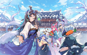 2025 4girls :d :p adjusting_eyewear ahri_(league_of_legends) alternate_costume alternate_hairstyle animal_ears bag bell black_bow blue_eyes blue_hair blue_hanbok blue_hat blue_nails blue_ribbon bow braid branch bright_pupils brown_hair carrot cassiopeia_(league_of_legends) chima_(clothes) chinese_text chinese_zodiac closed_mouth day diamond-shaped_pupils diamond_(shape) facial_mark fingernails flower fox_ears fox_girl glasses gradient_hair grey_hair hair_flower hair_ornament hair_ribbon hanbok hand_up hat high_collar highres holding holding_bag holding_carrot horns humanization jeogori_(clothes) jingle_bell kitsune korean_clothes kyuubi league_of_legends leg_up lenn_sparrow long_fingernails long_hair long_sleeves looking_at_viewer lulu_(league_of_legends) multicolored_hair multiple_girls multiple_tails official_alternate_color official_alternate_hairstyle open_hand open_mouth outdoors parted_bangs parted_lips pink_hair poro_(league_of_legends) reaching reaching_towards_viewer ribbon riven_(league_of_legends) sheep_horns sidelocks slit_pupils smile snake snake_girl snake_hair_ornament snake_tail snow snowing spirit_blossom_ahri spirit_blossom_riven standing star-shaped_pupils star_(symbol) string sunglasses symbol-shaped_pupils tail tongue tongue_out topknot twin_braids whisker_markings white_hair white_hanbok white_pupils winter_wonder_lulu year_of_the_snake yellow_hanbok yordle