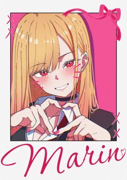 1girl absurdres black_sweater blonde_hair blush breasts character_name cleavage face_filter four-finger_heart_hands ganetto29 heart heart_hands highres kitagawa_marin pink_background polaroid_photo red_eyes shirt simple_background solo sono_bisque_doll_wa_koi_wo_suru sweater upper_body white_shirt