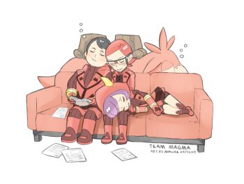 1girl 2boys black_hair camerupt chibi commentary_request couch courtney_(pokemon) gen_3_pokemon glasses holding holding_paper jacket lap_pillow lying maxie_(pokemon) mega_camerupt mega_pokemon multiple_boys nintendo nomura_(arumon) on_side paper pokemon pokemon_oras purple_hair red_hair red_jacket ribbed_shirt shirt sleeping socks squeans tabitha_(pokemon) team_magma