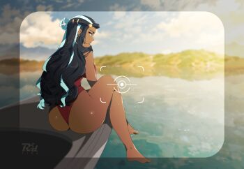 1girl artist_logo artist_name ass ass_focus barefoot blue_eyes blurry blurry_background boat breasts cloud dark-skinned_female dark_skin earrings highres hoop_earrings island jewelry lake logo long_hair looking_at_viewer looking_back medium_breasts multicolored_hair nessa_(pokemon) nintendo official_alternate_costume one-piece_swimsuit pokemon pokemon:_twilight_wings pokemon_swsh r3dfive red_one-piece_swimsuit reflection reflective_water rowboat sideboob sky solo sunrise swimsuit thong thong_one-piece_swimsuit viewfinder water watercraft watermark