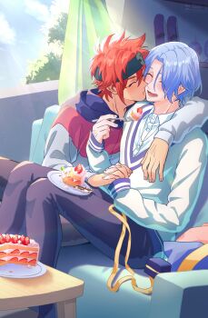 Rule 34 | 2boys, arm around shoulder, blue hair, blush, cake, cake slice, closed eyes, commentary request, couch, food, fork, hasegawa langa, highres, holding, holding fork, holding hands, kyan reki, laughing, long sleeves, male focus, multiple boys, open mouth, red hair, sitting, sk8 the infinity, teeth, wasabi irh, yaoi