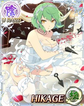 Rule 34 | 1girl, :o, alternate hairstyle, arm across chest, border, braid, breast tattoo, breasts, bride, card (medium), character name, cleavage, dress, earrings, exploding clothes, game cg, garter straps, gloves, green hair, half up braid, hikage (senran kagura), jewelry, kunai, large breasts, looking at viewer, medium hair, official art, panties, petals, rose petals, senran kagura, senran kagura new wave, shoulder tattoo, shuriken, silver hairband, skindentation, slit pupils, snake tattoo, solo, strapless, strapless dress, tattoo, thighhighs, third-party source, torn clothes, torn dress, underwear, weapon, wedding dress, white dress, white garter straps, white gloves, white panties, white thighhighs, yellow eyes