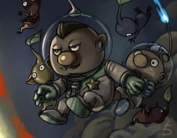 Rule 34 | alph (pikmin), badge, big nose, black eyes, blue background, blue gloves, blue hair, blue light, blue pikmin, blue skin, brown hair, buttons, charlie (pikmin), chromatic aberration, colored skin, commentary request, countdown, dark, falling, freckles, full body, gloves, green gloves, half-closed eyes, helmet, holding another's arm, leaf, looking ahead, male focus, motion blur, muscular, naru (wish field), nintendo, no mouth, open mouth, outstretched arm, pikmin (creature), pikmin (series), pikmin 3, pointy ears, pointy nose, radio antenna, red pikmin, red skin, short hair, simple background, smoke, space helmet, spacesuit, star (symbol), teeth, upper teeth only, very short hair, whistle, yellow pikmin, yellow skin