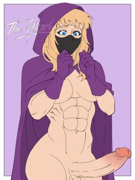 Rule 34 | 1girl, abs, artist name, batgirl, blonde hair, blue eyes, border, breasts, cloak, commentary, cowboy shot, dc comics, english commentary, erection, flat color, futanari, gloves, highres, large breasts, long hair, mask, mouth mask, muscular, muscular female, naked cloak, navel, ninja mask, outside border, penis, purple background, purple cloak, purple gloves, simple background, solo, stephanie brown, superhero costume, the hikari, white border