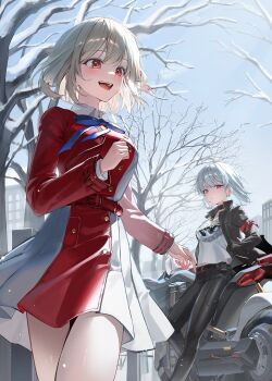 Rule 34 | 2girls, absurdres, belt, black jacket, black pants, blonde hair, blush, breasts, choker, closed mouth, commentary, dress, ekina (1217), goddess of victory: nikke, grey dress, hair ribbon, hands in pockets, highres, jacket, large breasts, leather, leather jacket, long hair, long sleeves, lycoris recoil, lycoris uniform, motor vehicle, motorcycle, multiple girls, nishikigi chisato, open mouth, outdoors, pants, pleated dress, red belt, red dress, red eyes, red ribbon, ribbon, shirt, short hair, smile, snow, snow on tree, sugar (nikke), teeth, tree, two-tone dress, untranslatable commentary, upper teeth only, white hair, white shirt