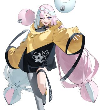 Rule 34 | 1girl, 987645321o, blue hair, bow-shaped hair, breasts, character hair ornament, fake hair bun, grey pantyhose, hair ornament, halter shirt, halterneck, highres, iono (pokemon), jacket, long hair, long sleeves, looking at viewer, multicolored hair, nintendo, one eye closed, open mouth, oversized clothes, pantyhose, pink hair, pokemon, pokemon sv, sharp teeth, shirt, simple background, single leg pantyhose, sleeves past wrists, smile, solo, split-color hair, teeth, two-tone hair, very long sleeves, white background, yellow jacket