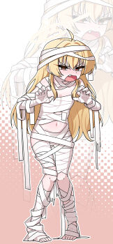 1girl absurdres ahoge bandage_on_hair bandaged_arm bandaged_chest bandaged_hand bandaged_head bandaged_leg bandaged_torso bandaged_wrist bandages blonde_hair blue_archive claw_pose commentary commission fang fey_(whitepaper) flat_chest halloween halloween_costume halo heart heart-shaped_pupils highres long_hair looking_at_viewer mummy mummy_costume naked_bandage navel open_mouth symbol-shaped_pupils yellow_halo yoshimi_(blue_archive) yoshimi_(halloween)_(blue_archive)