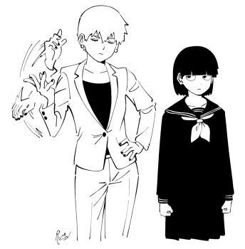 Rule 34 | 2girls, afterimage, black serafuku, blazer, blunt bangs, closed eyes, cropped legs, earrings, expressionless, genderswap, genderswap (mtf), greyscale, hand on own hip, highres, jacket, jewelry, jitome, kageyama shigeo, laithraihan, long sleeves, looking to the side, mob psycho 100, monochrome, multiple girls, nail polish, neckerchief, pleated skirt, reigen arataka, school uniform, serafuku, short hair, signature, skirt
